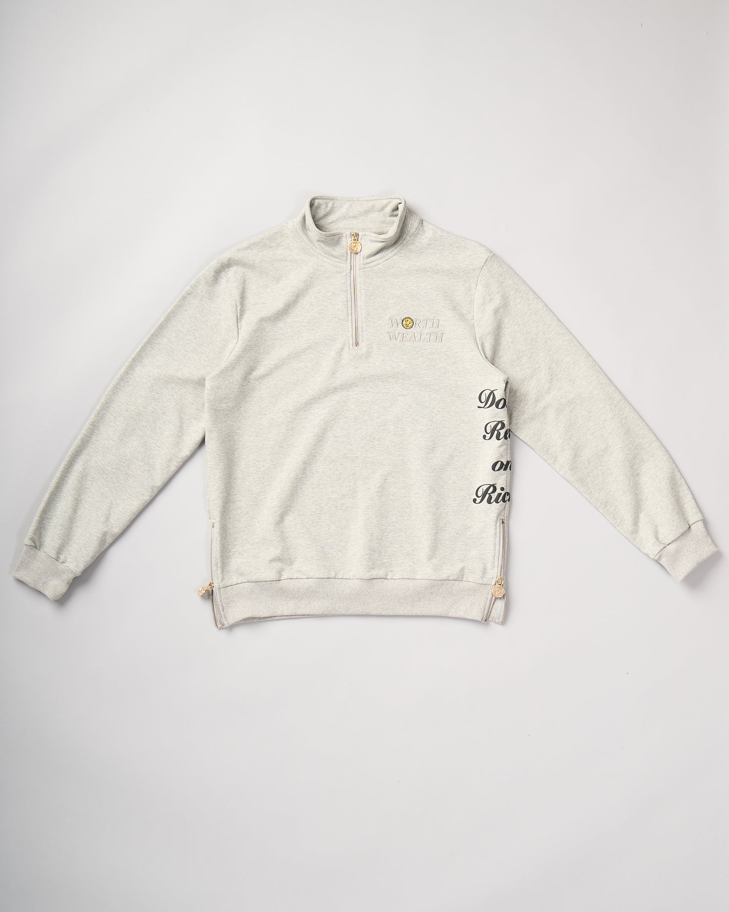 "Don't Rest on Riches" Half-Zip Sweater (Diamond Patches)
