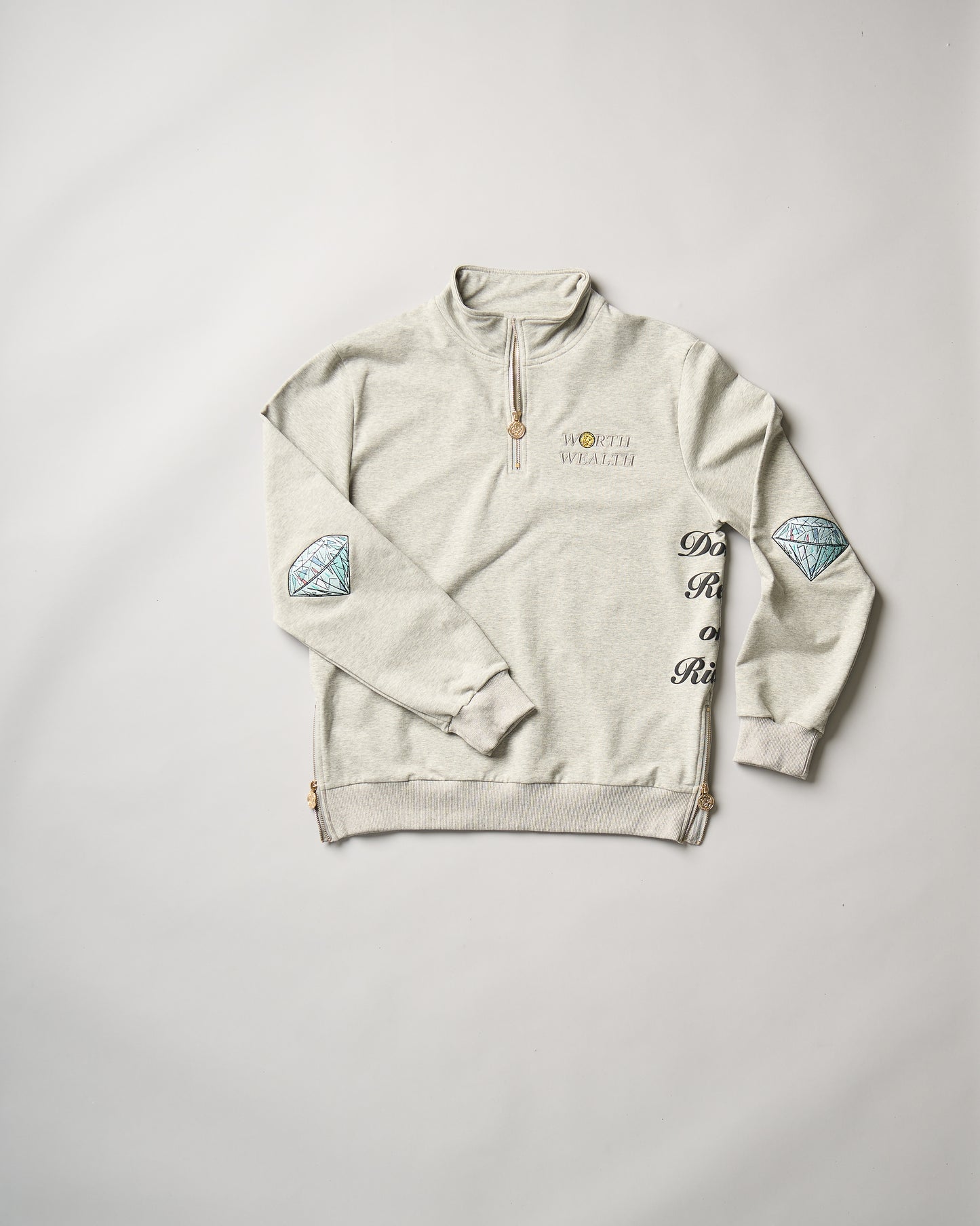 "Don't Rest on Riches" Half-Zip Sweater (Diamond Patches)